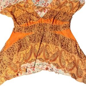 Metro Boho Paisley Peasant Top Orange Brown‎ Floral Size L